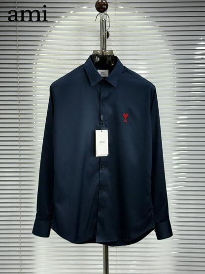 AMI Paris Navy blue wrinkle-free cotton regular fit shirt for men
