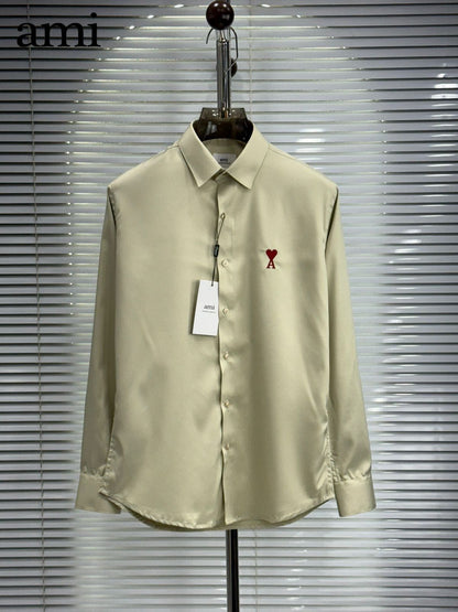 AMI Paris cream wrinkle-free cotton regular fit shirt for men