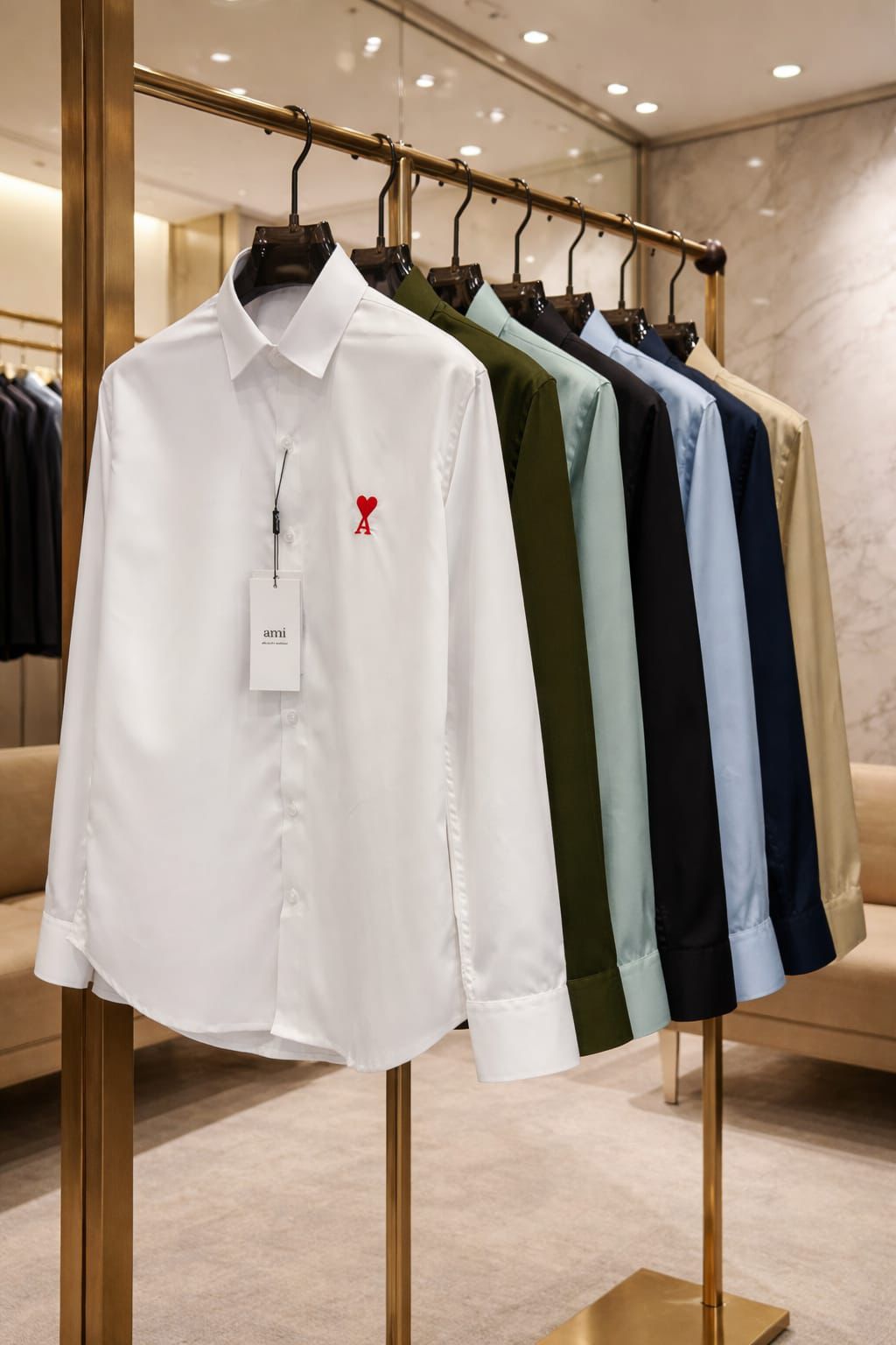 AMI Paris designer wrinkle-free cotton shirts for men in green, white, navy, dark green, black, blue, and cream with original accessories
