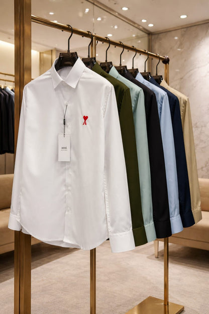 AMI Paris designer wrinkle-free cotton shirts for men in green, white, navy, dark green, black, blue, and cream with original accessories

