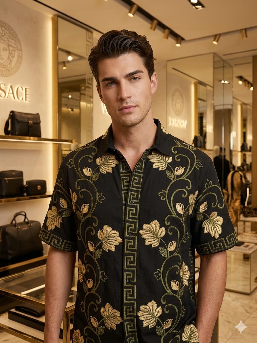 Versace black Italian cotton thread work shirt for men
