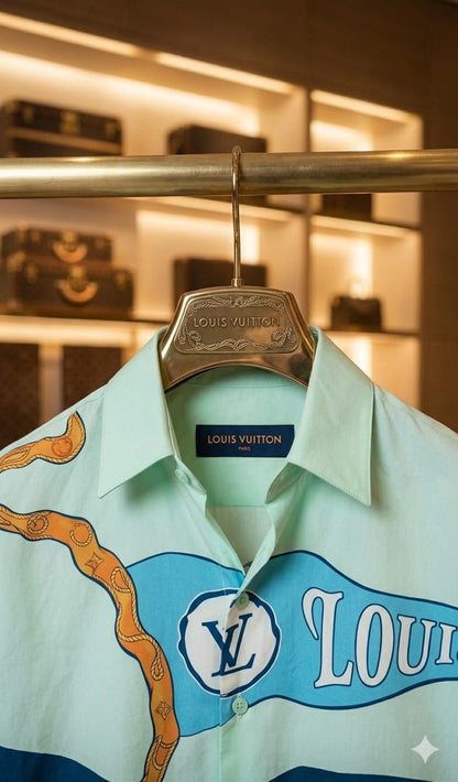 Premium Louis Vuitton pista green cotton shirt with embossed branded buttons
