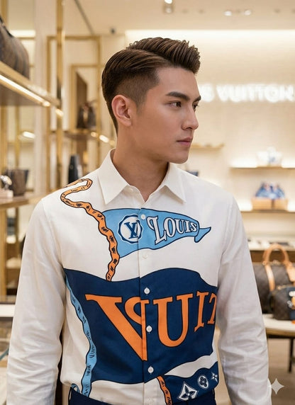 Premium Louis Vuitton white cotton shirt with embossed branded buttons
