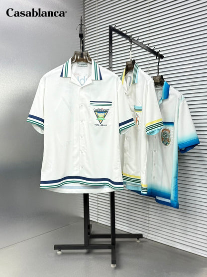 Premium Casablanca resort wear shirts available in navy, sky blue, and green
