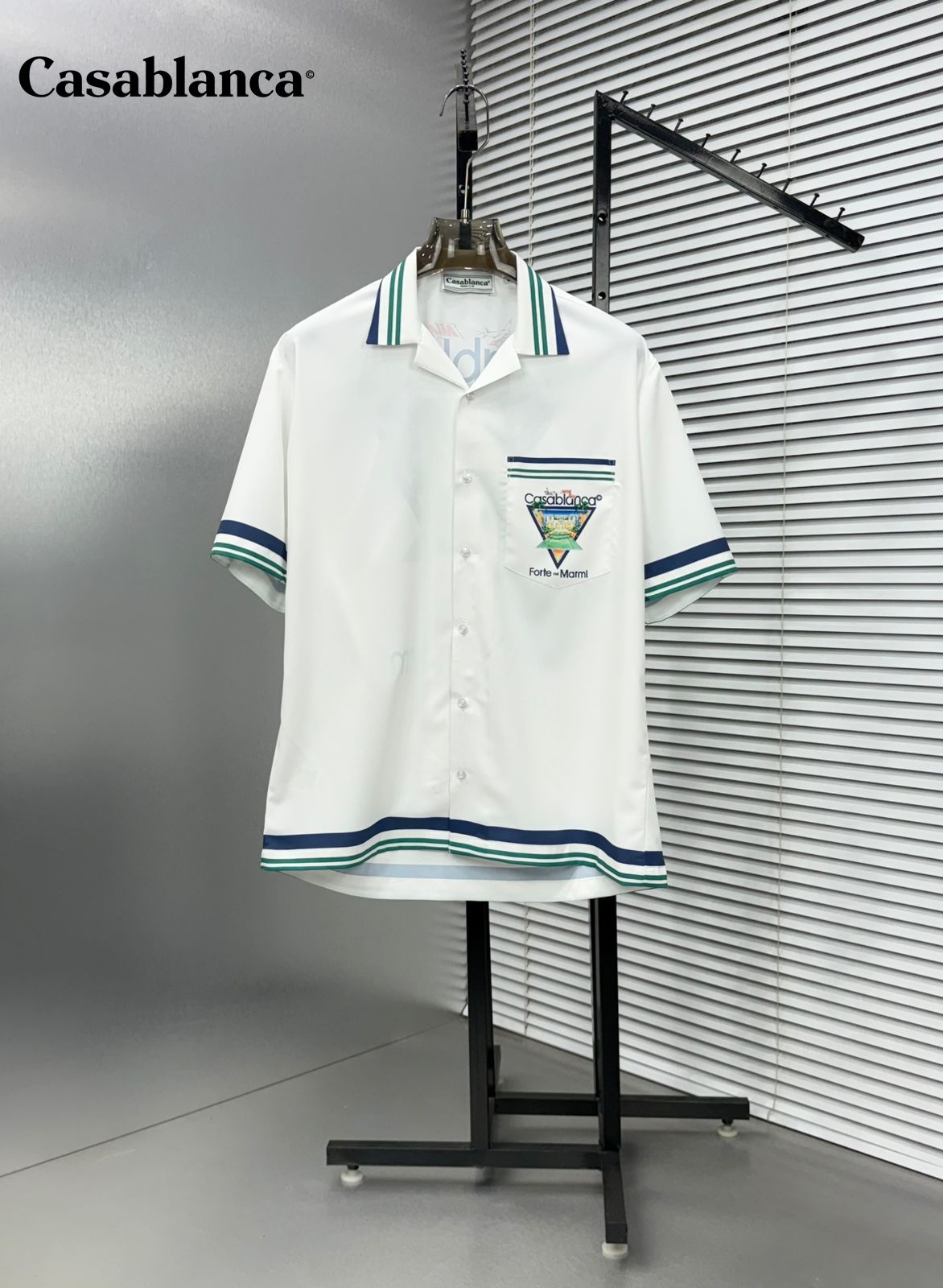 Casablanca navy Cuban collar Hawaiian shirt front view
