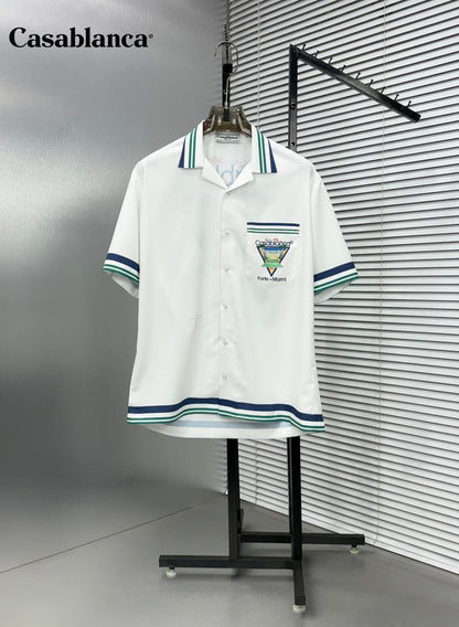 Casablanca navy Cuban collar Hawaiian shirt front view
