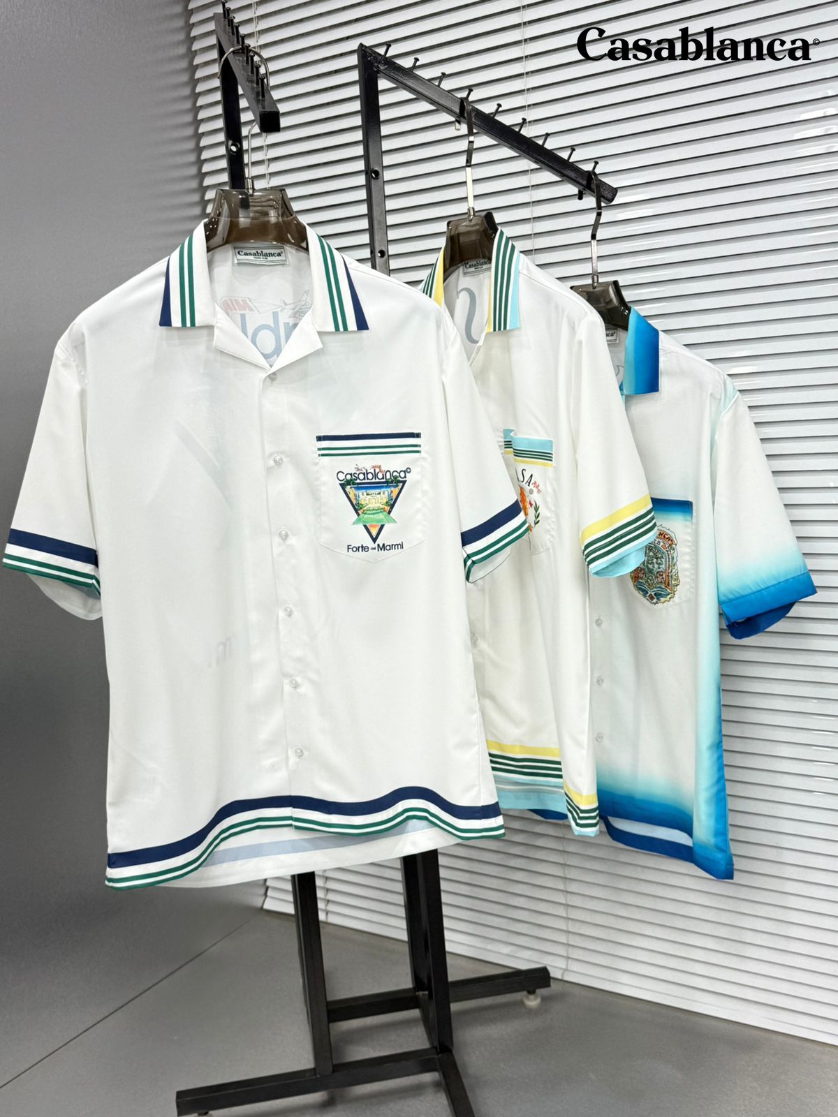 Designer-inspired Casablanca Cuban collar Hawaiian shirts for men in navy, sky blue, and green

