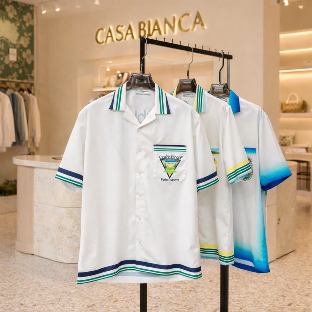 Casablanca Cuban collar Hawaiian shirts in navy, sky blue, and green
