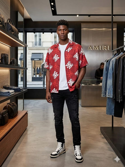 Designer-inspired Amiri red casual Cuban collar shirt
