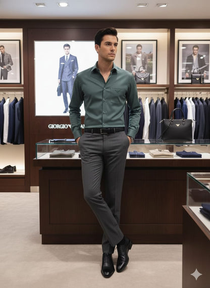 Designer-inspired Armani teal blue cotton shirt with embossed buttons
