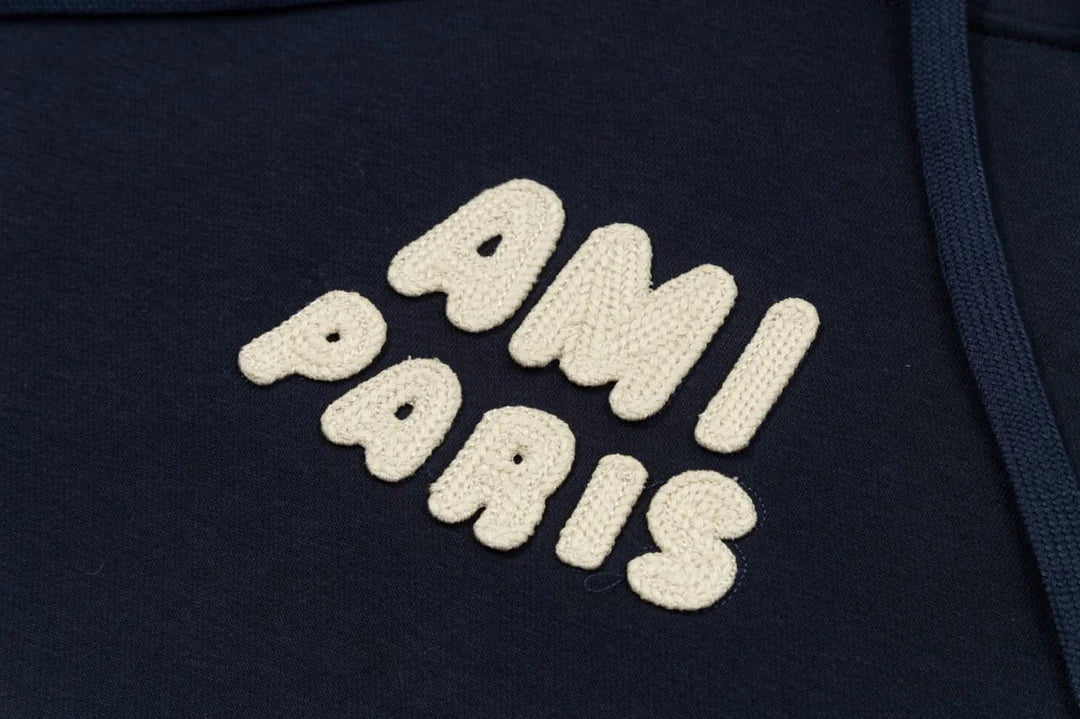 AMI PARIS || Ami Paris Logo Hoodie – Navy & Cream Comfortable Streetwear