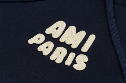 AMI PARIS || Ami Paris Logo Hoodie – Navy & Cream Comfortable Streetwear