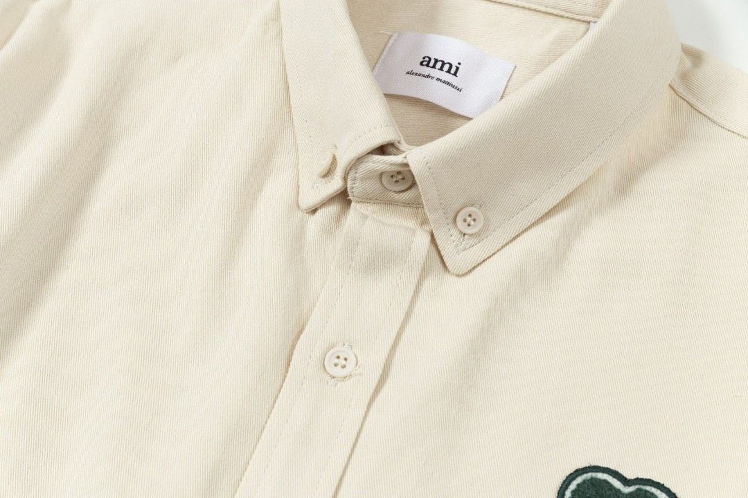 AMI PARIS || Beige Button-Up Denim Shirt with Chest Logo Patch