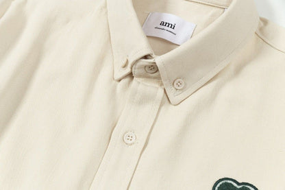 AMI PARIS || Beige Button-Up Denim Shirt with Chest Logo Patch