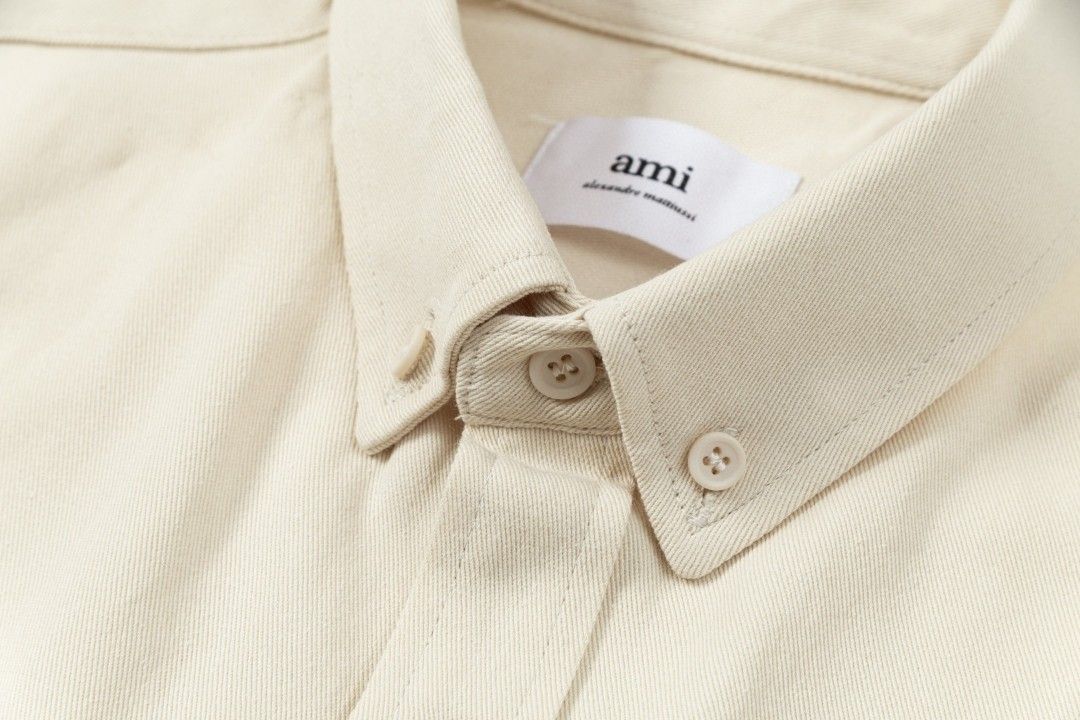 AMI PARIS || Beige Button-Up Denim Shirt with Chest Logo Patch