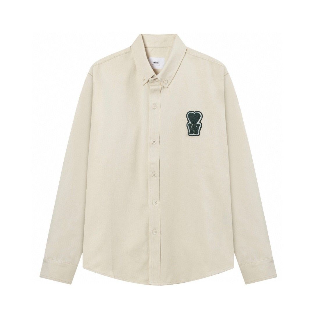 AMI PARIS || Beige Button-Up Denim Shirt with Chest Logo Patch