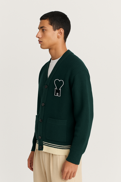 AMI PARIS || Men's Dark Green Ribbed Cardigan with Heart Emblem – Stylish Casual Wear