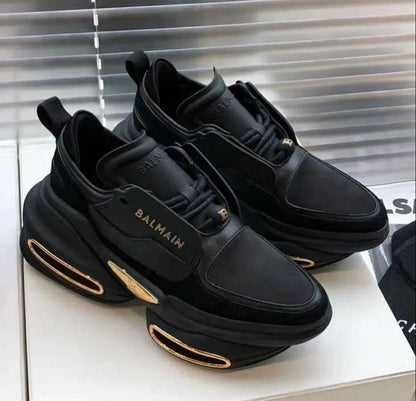 BALMAIN || Unicorn Low-Top Neoprene and Leather Sneakers – Black & Gold