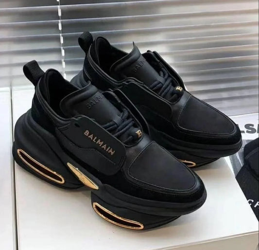 BALMAIN || Unicorn Low-Top Neoprene and Leather Sneakers – Black & Gold