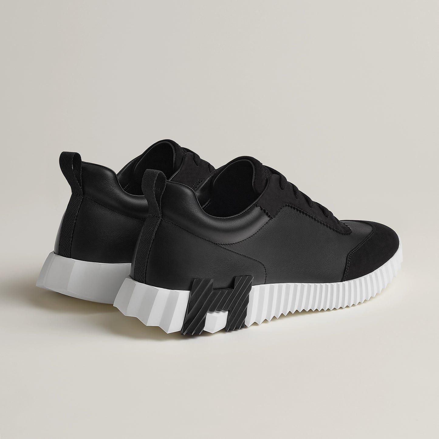 HERMES || Stylish Black Leather Bouncing Sneakers With Chunky White Sole