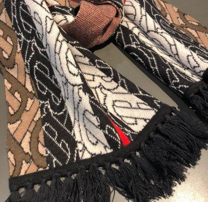 Cashmere TB Monogram Stripe Football Knit Scarf Bridle Brown - FASHION MYST 