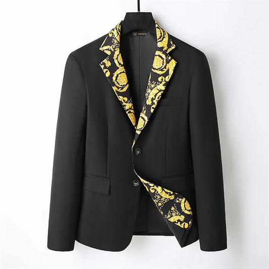 VERSACE || Men's Black Slim Fit Blazer With Gold Print Collar for Business & Wedding