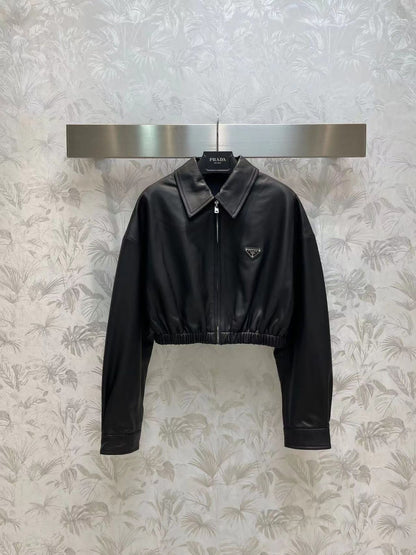 PRADA || Zip-Up Poplin Cropped Jacket For Women / Black - FASHION MYST 