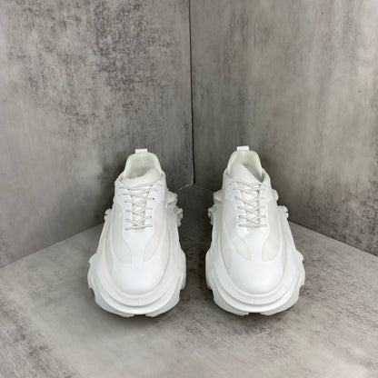 BALMAIN || Unicorn Low-Top Sneakers in Neoprene and Calfskin – Triple White