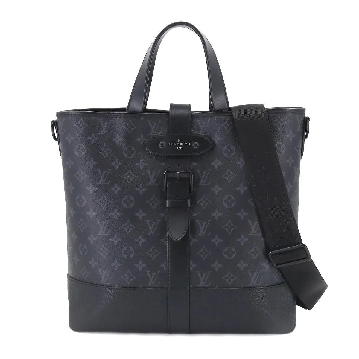 Saumur Tote Large Black Canvas Leather Monogram Eclipse - FASHION MYST 