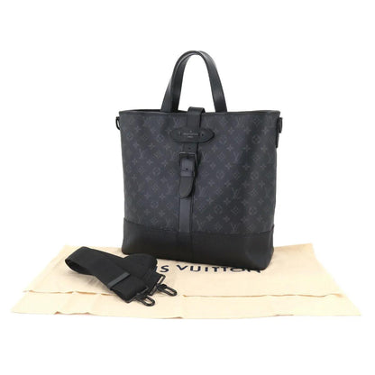 Saumur Tote Large Black Canvas Leather Monogram Eclipse - FASHION MYST 