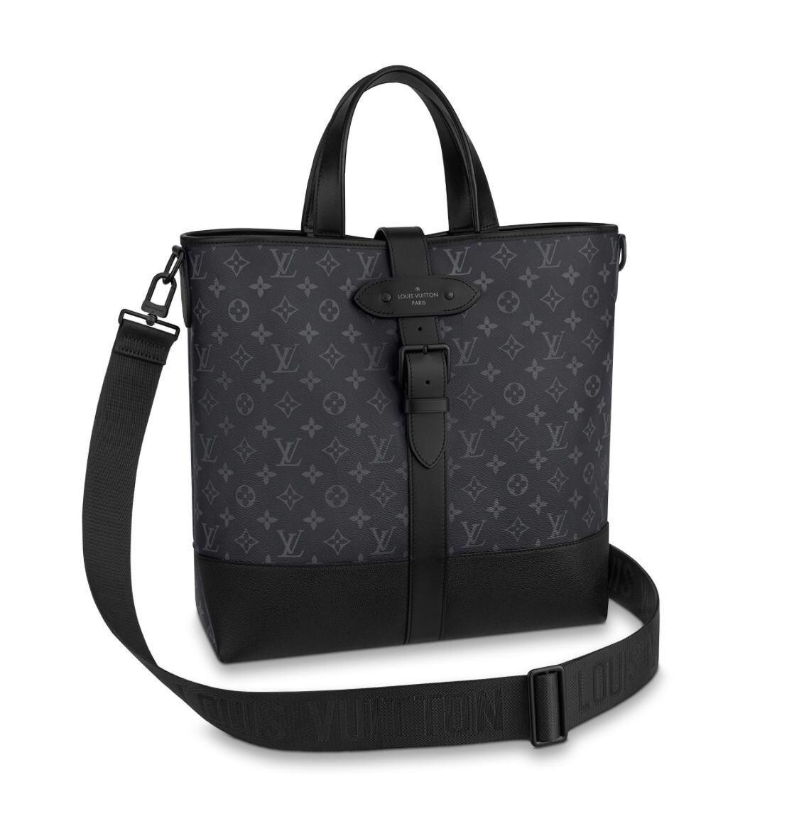 Saumur Tote Large Black Canvas Leather Monogram Eclipse - FASHION MYST 