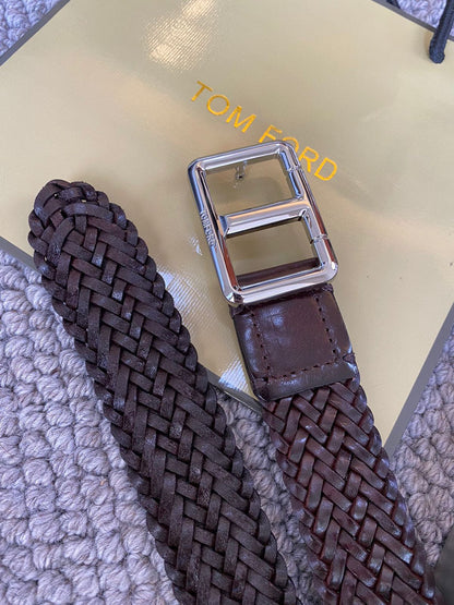 TOM FORD || INTERWOVEN LEATHER BUCKLE BELT FOR MEN - CALFSKIN/BRASS - FASHION MYST 