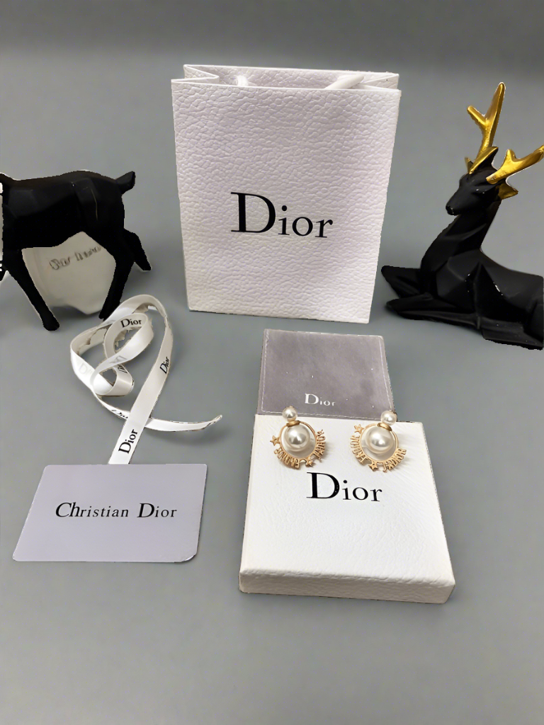 CHRISTIAN DIOR || Women Tribales Earrings Antique Gold-Finish Metal and White Resin Pearls - FASHION MYST 