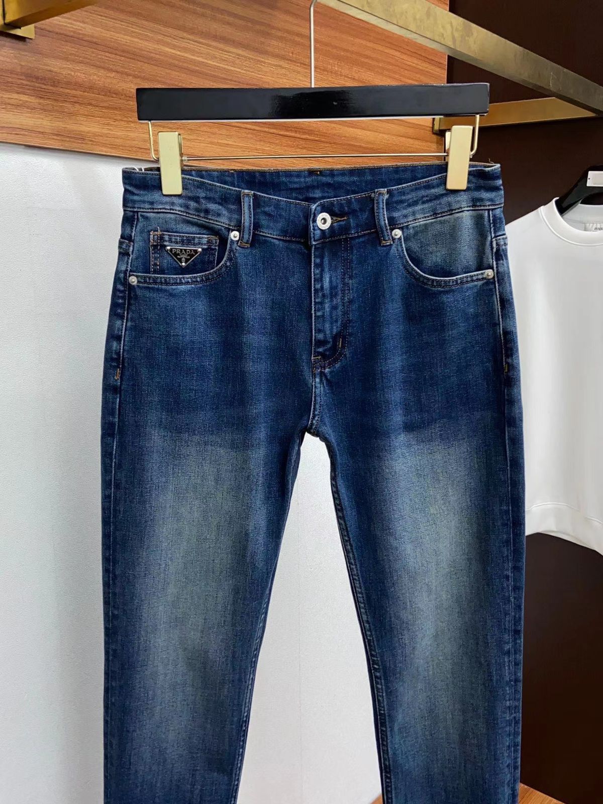 PRADA || New Wash Blue Denim Pants Micro Elastic P Family Pra Triangle Casual Designer Denim - FASHION MYST 