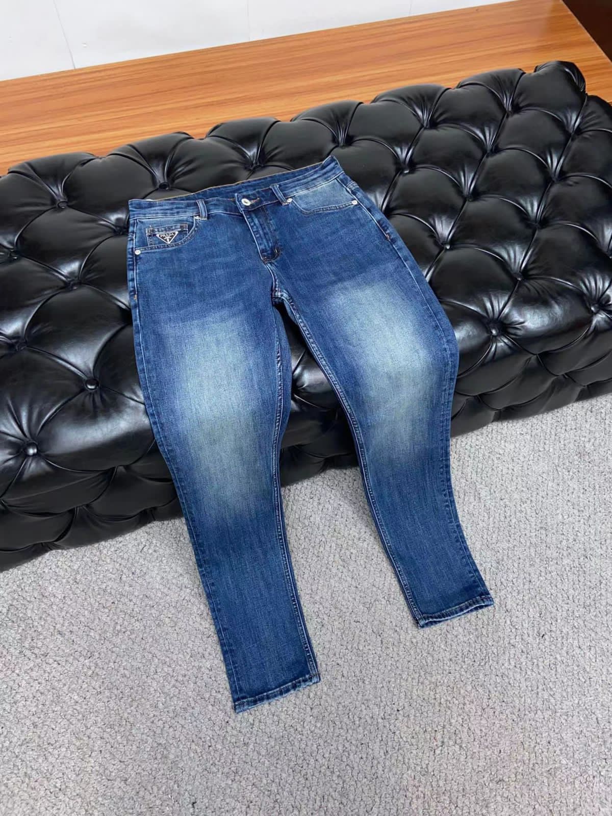PRADA || New Wash Blue Denim Pants Micro Elastic P Family Pra Triangle Casual Designer Denim - FASHION MYST 