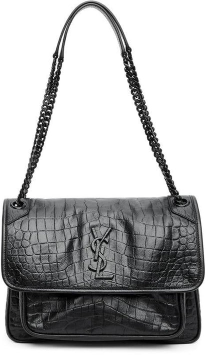 Saint Laurent Black Croc Embossed Leather Medium Sunset Shoulder Bag - FASHION MYST 