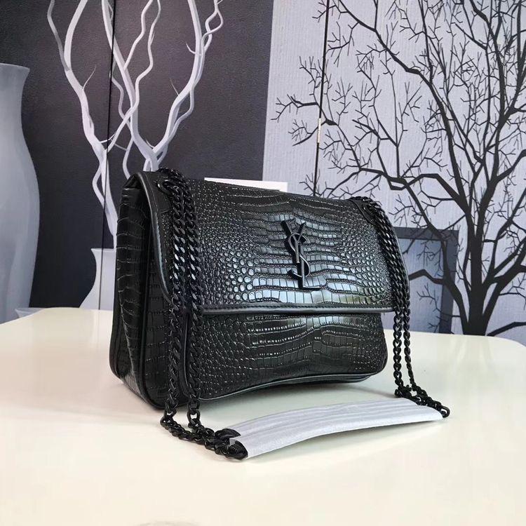 Saint Laurent Black Croc Embossed Leather Medium Sunset Shoulder Bag - FASHION MYST 