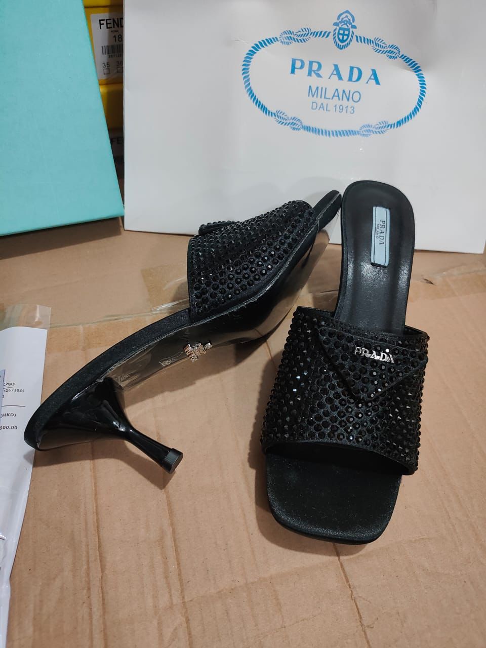 PRADA 65mm Black Studded Heeled Sandals - FASHION MYST 