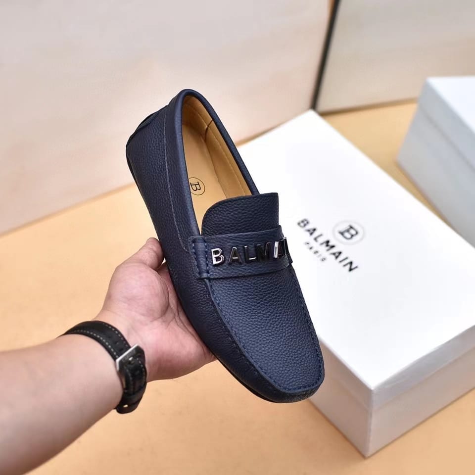 BALMAIN || Logo-Plaque Calf Leather Loafers / BLUE - FASHION MYST 