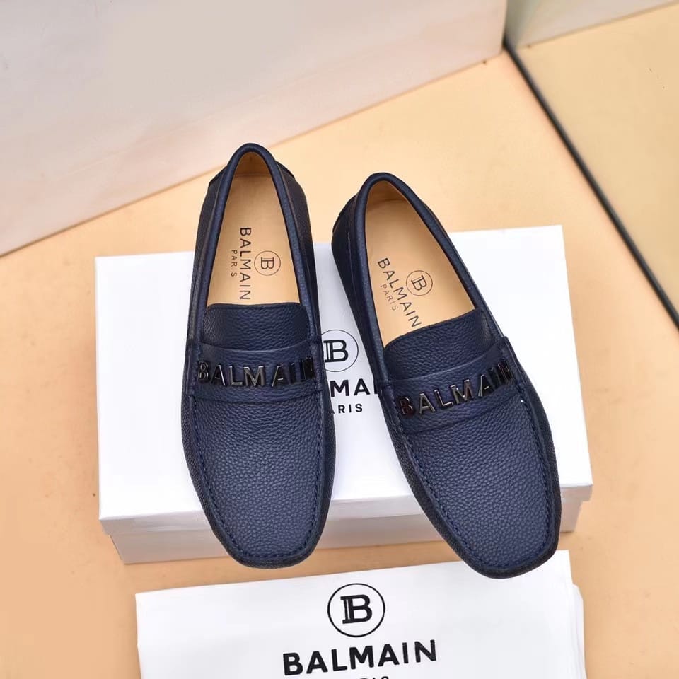 BALMAIN || Logo-Plaque Calf Leather Loafers / BLUE - FASHION MYST 