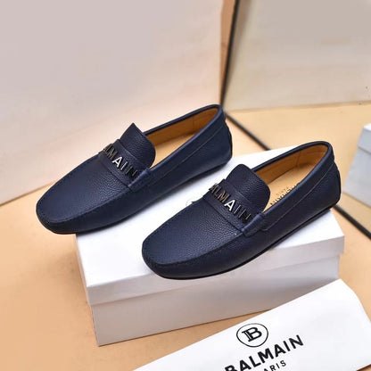 BALMAIN || Logo-Plaque Calf Leather Loafers / BLUE - FASHION MYST 