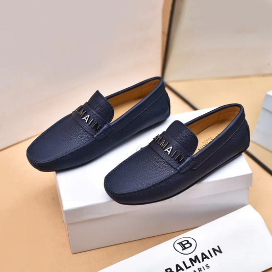 FASHION MYST LOAFER BALMAIN || Logo-Plaque Calf Leather Blue Loafers
