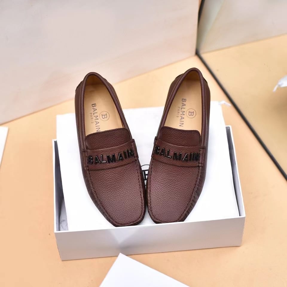 BALMAIN || Logo-Plaque Calf Leather Brown Loafers - FASHION MYST 