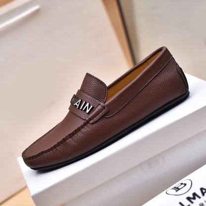 BALMAIN || Logo-Plaque Calf Leather Brown Loafers - FASHION MYST 