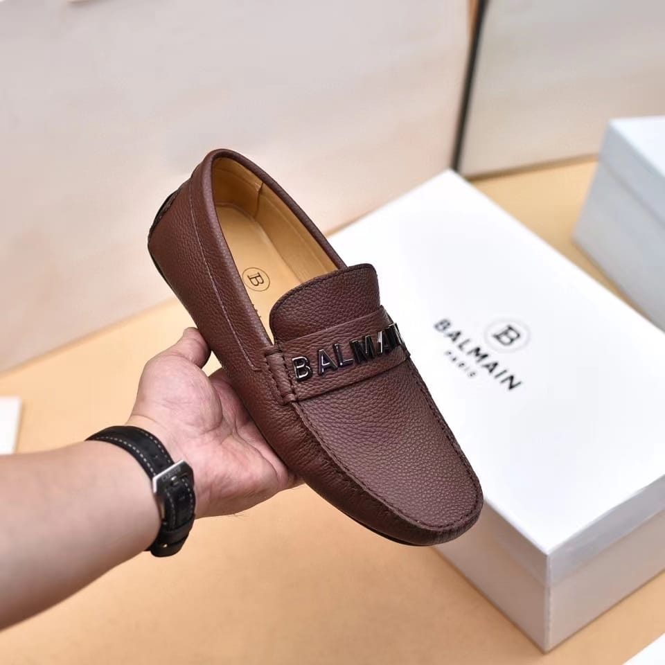 BALMAIN || Logo-Plaque Calf Leather Brown Loafers - FASHION MYST 