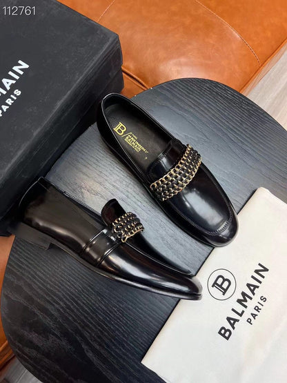 BALMAIN || NEW CHAIN DESIGN CALF LEATHER BALCK SHOES - FASHION MYST 