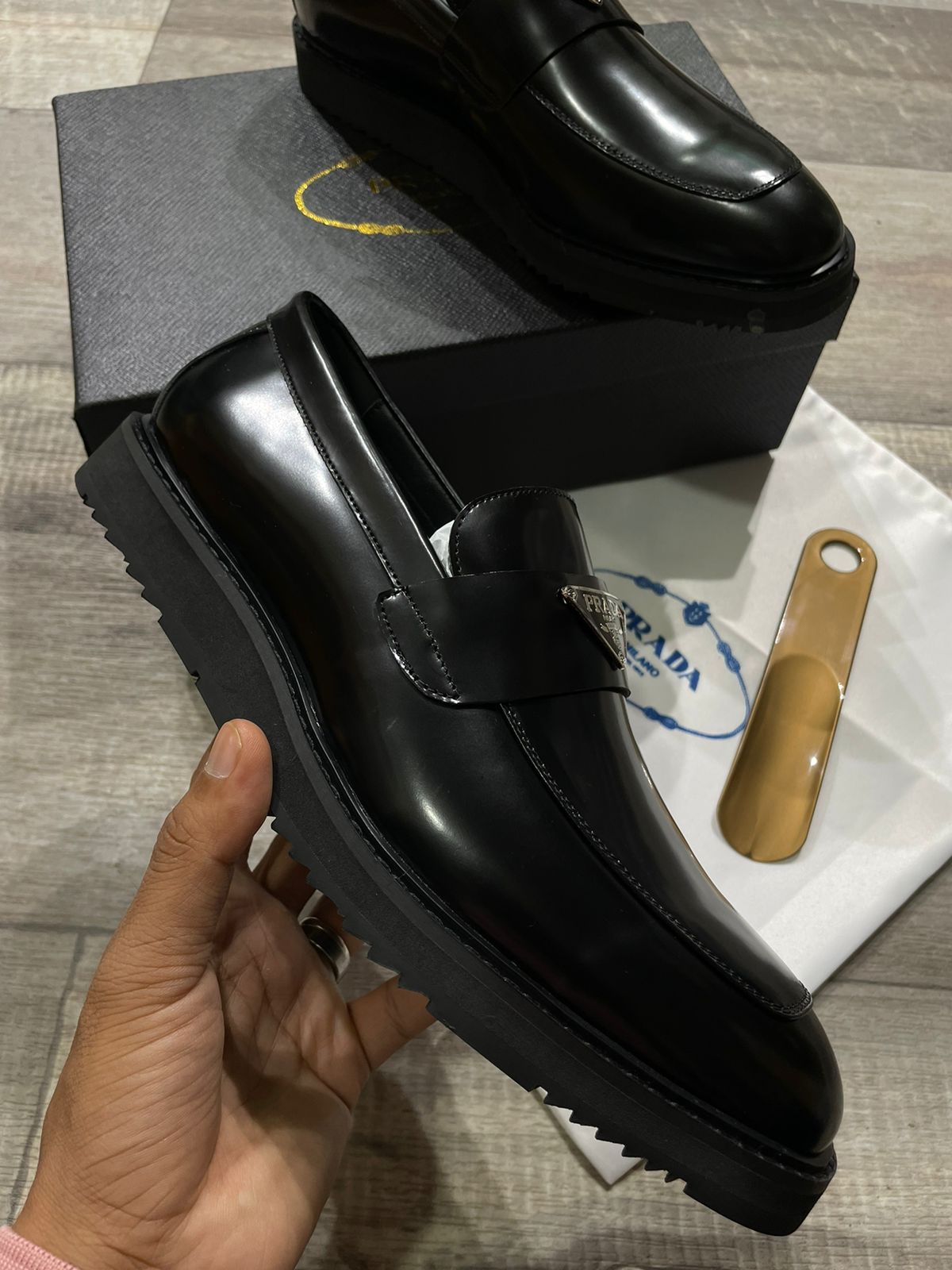 PRADA || Luxury Metal Logo Calf Leather Loafers For Men – FASHION MYST