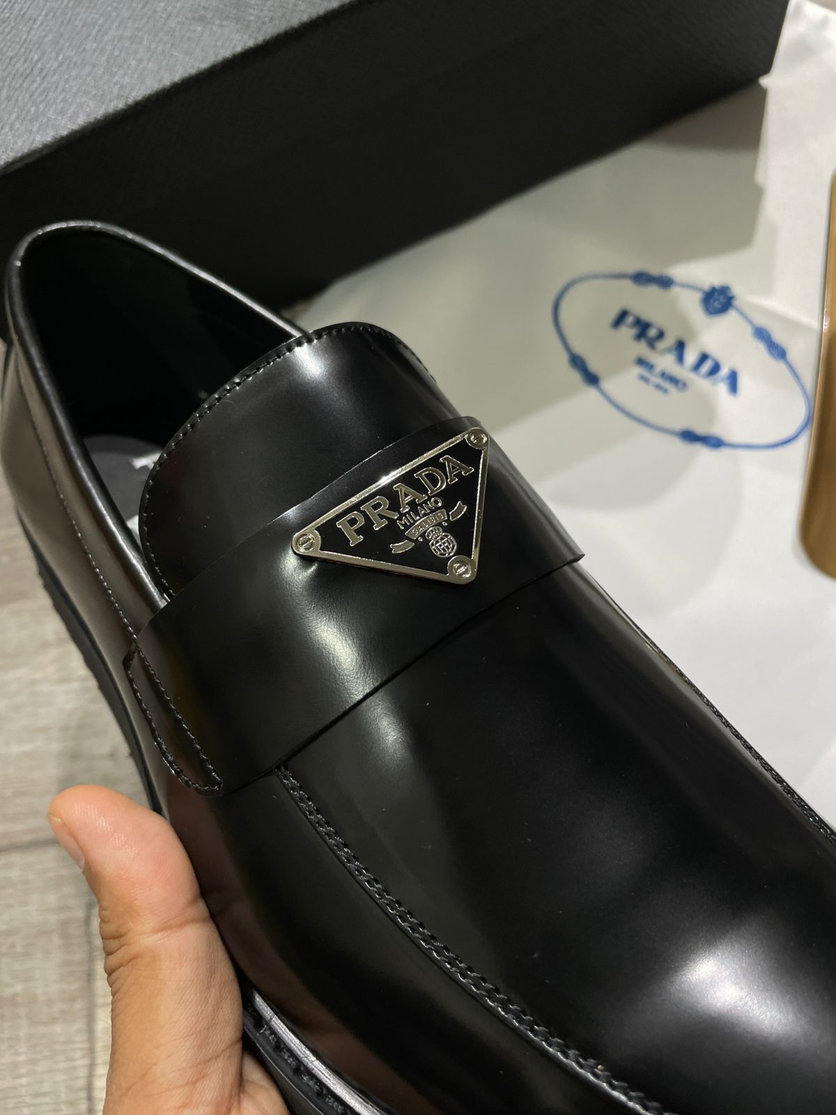PRADA || Luxury Metal Logo Calf Leather Loafers For Men - FASHION MYST 