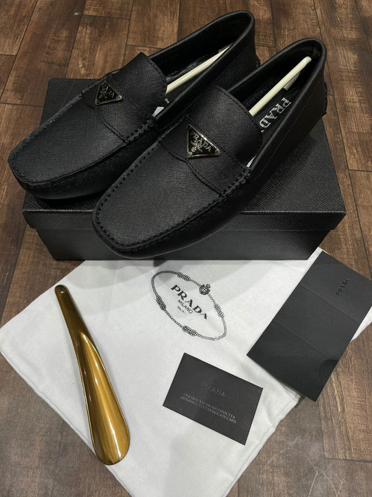 PRADA || Saffiano Calf Leather Driving Loafers Nero Black - FASHION MYST 