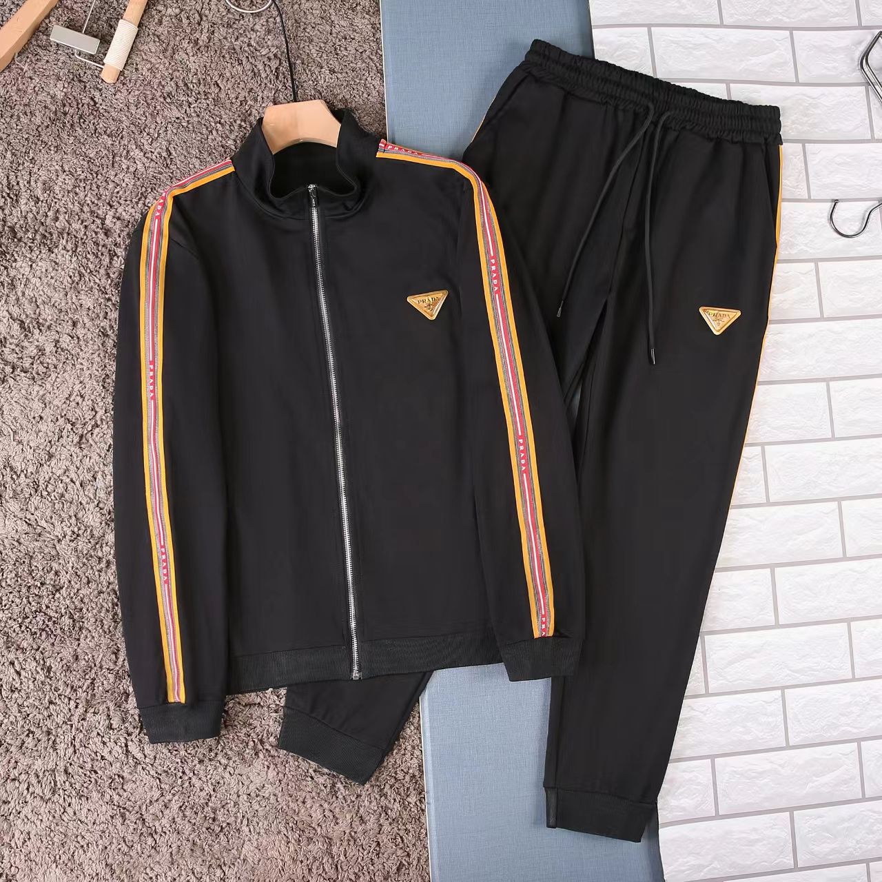 PRADA || Black Solid With Stripe Stretchable Regular Fit Tracksuit - FASHION MYST 